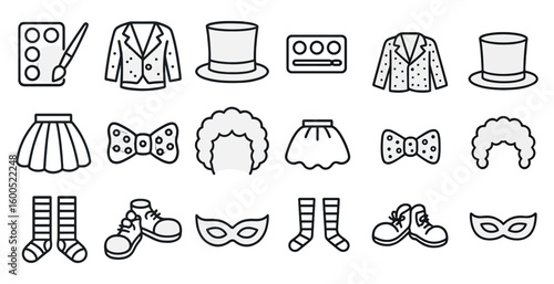 Circus and clown outline icons set – playful, fun, carnival graphics
