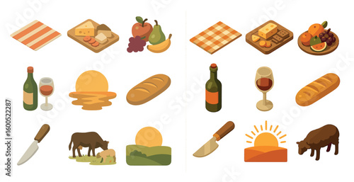 Farm-to-table food isometric icons set – fresh, organic, culinary visuals