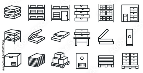 Warehouse storage and organization line icons set – flat, outline, shelving symbols