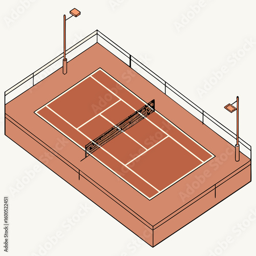 Tennis Court Vector – Net, Markings, and Clay Surface – Clean Top View Illustration