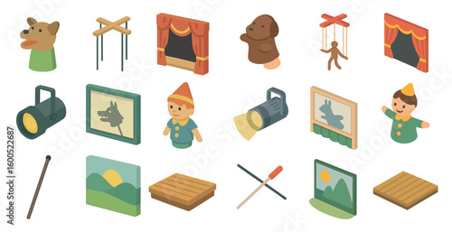 Puppet theater isometric icons set – flat, filled, marionette and stage design