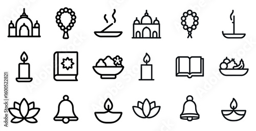 Indian culture line icons set – outline, hindu, religious ceremony symbols