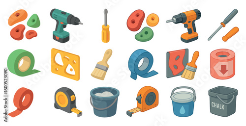 Construction tools icons set – isometric, flat, building and repair equipment symbols