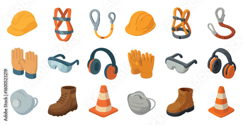 Construction equipment icons set – isometric, safety, building and work tools