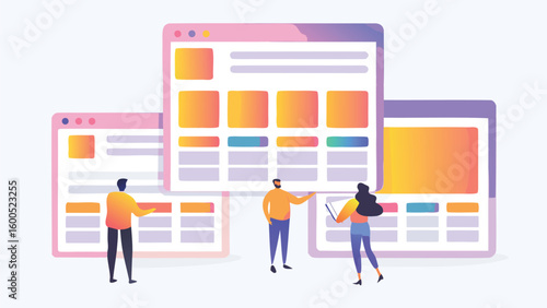 Three people interacting with website layouts on screens in a collaborative environment setting showing design