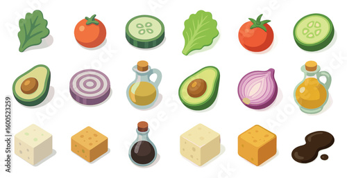 Healthy food isometric icons set – vegetables, avocado, organic diet symbols