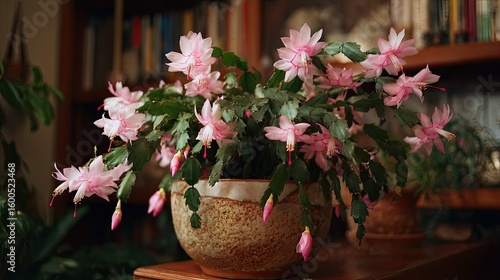 Pink blossoms in a rustic pot, home decor