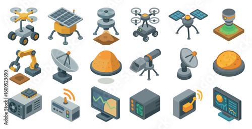 Space exploration icons set - isometric, satellite, rover and astronomy symbols