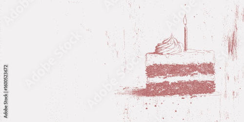 Cake with candles decorated with frosting. Minimal stipple illustration, noisy halftone effect, photocopy paper grain and bold threshold outline for print.