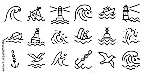 Maritime and navigation outline icons set – line, nautical, sea adventure symbols