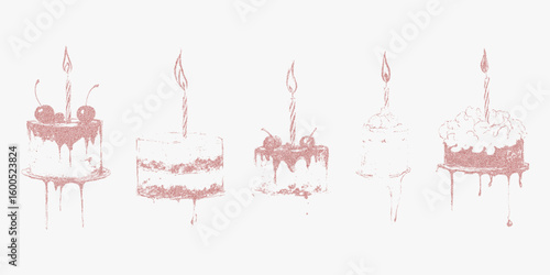 Cakes with candles on them, different flavor. Graphic artwork with stipple dots and photocopy texture, sharp threshold details for a vintage aesthetic.