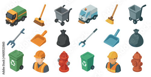 Waste management icons set – isometric, recycling symbols and sanitation essentials