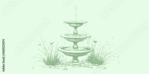 Fountain surrounded by grass, decorative feature. Hand-drawn sketch with dotted halftone texture, photocopy noise and rough threshold edges for a retro effect.