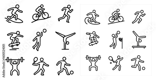 Sports and fitness outline icons set – silhouette, linear, exercise and workout graphics