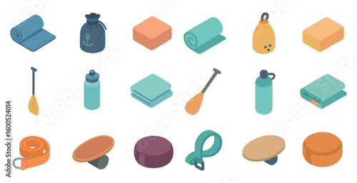 Camping and outdoor isometric icons set – gear, equipment, adventure essentials