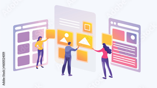 People arranging elements on website mockups with a modern and collaborative design interface concept