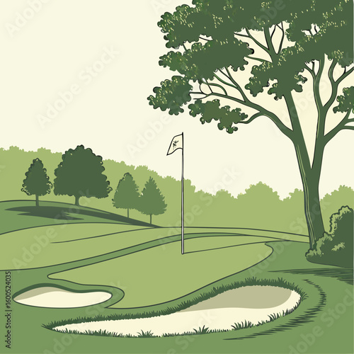 Golf Course Landscape – Green Field with Hole, Flag, and Sand Traps – Vector Scene