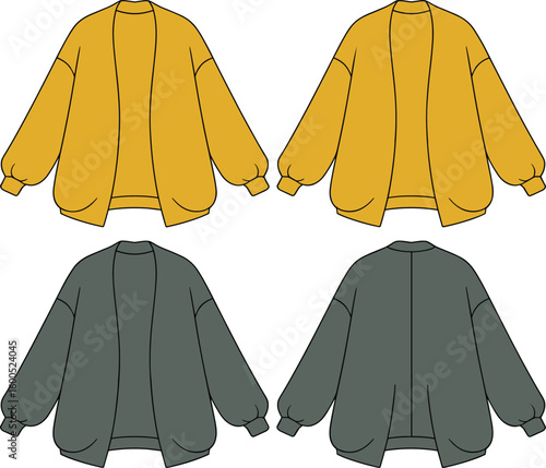 Flat vector CAD drawing of oversized drop shoulder cardigan sweater, rib cuff hem, fashion design template, front back view illustration