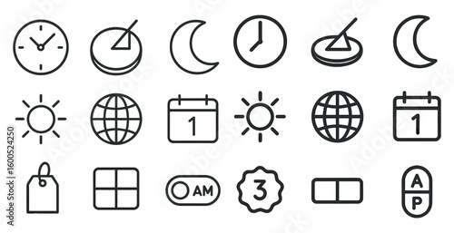 Time and calendar outline icons set – linear, clock, schedule and date symbols