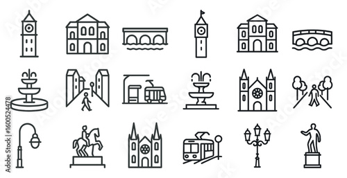 Architecture outline icons set – linear, building, urban and cityscape symbols