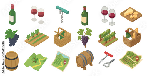 Wine and vineyard isometric icons set – 3d, winemaking, grape cultivation symbols