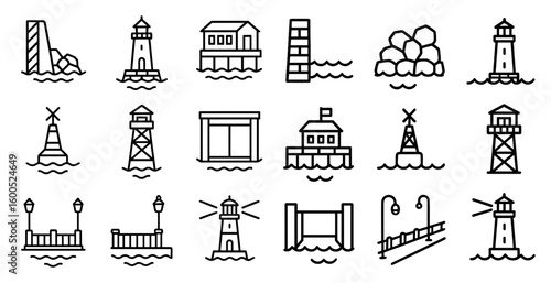 Lighthouse outline icons set – marine, beacon, coastal navigation symbols