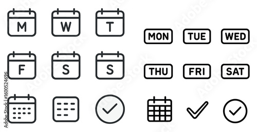 Weekly planner and organizer icons set – outline, linear, schedule symbols