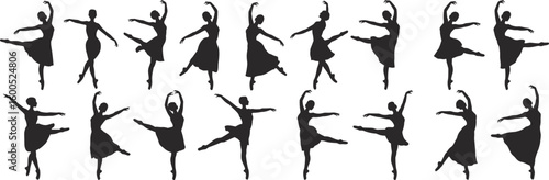 Ballet dancer silhouette, ballerina poses, elegant dance, classical ballet, graceful motion, female dancer, performance art, dance vector, black silhouette, artistic expression,