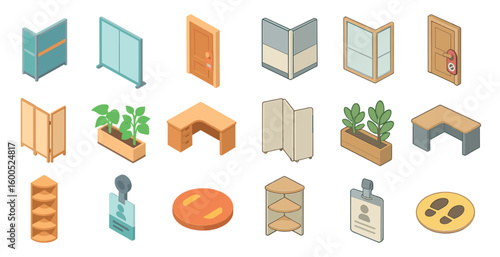 Office furniture isometric icons set – desks, chairs, workspace design elements