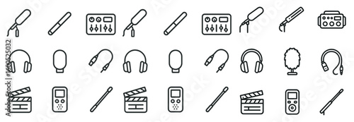 Music production line icons set – audio, recording, studio equipment symbols