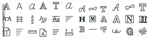 Typography and letter fonts icons set – outline, linear, text and type symbols