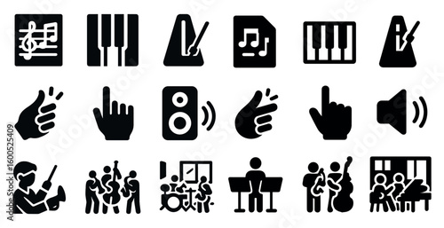 Music and performance solid icons set – filled, band, concert symbols for media