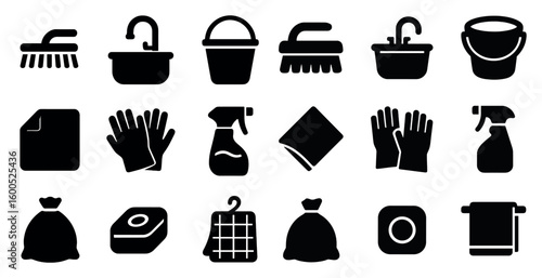 Cleaning and maintenance solid icons set – filled, household, janitorial symbols