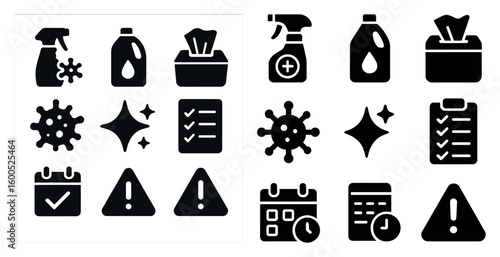 Cleaning and sanitizing solid icons set – hygiene, disinfection, safety symbols