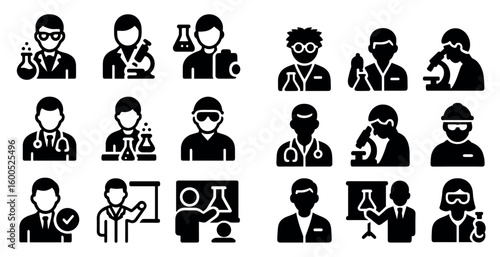 Science and healthcare silhouette icons set – chemistry, medical, research symbols