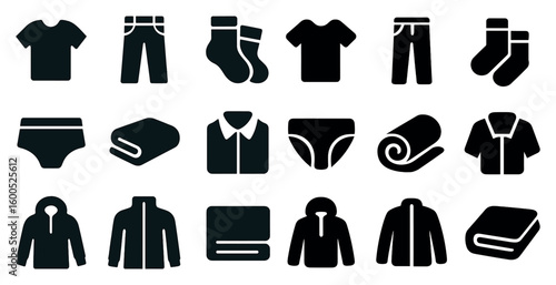 Clothing and apparel solid icons set – filled, fashion, garment symbols