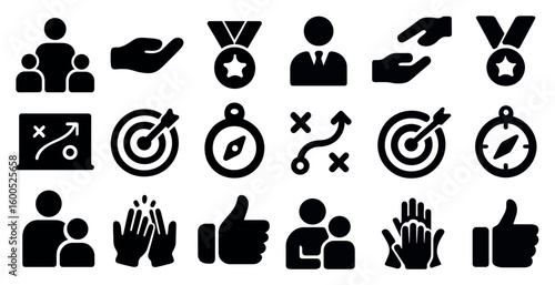 Business strategy silhouette icons set – solid, filled, corporate and planning symbols