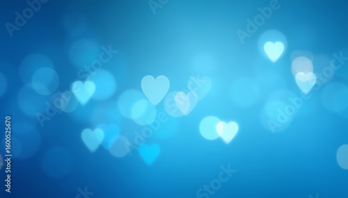 Fototapeta Naklejka Na Ścianę i Meble -  A serene blue background is adorned with soft bokeh lights in the shape of hearts evoking a feeling of love and romance