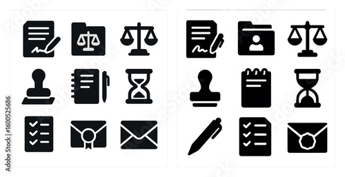 Legal and law solid icons set – filled, justice, courtroom symbols for attorneys
