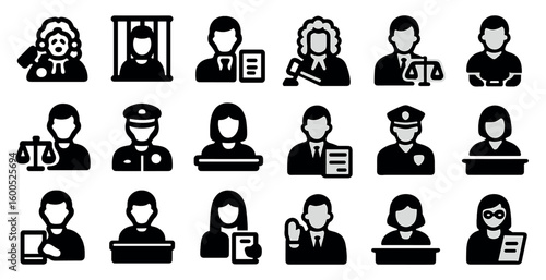 Law and justice solid icons set – filled, legal, courtroom symbol collection