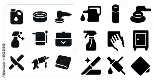 Home cleaning solid icons set – silhouette, household, sanitation symbols