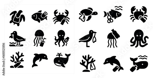 Sea life silhouette icons set – marine, ocean, aquatic creatures symbols