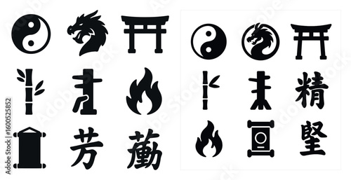 Asian cultural silhouette icons set – traditional, symbolic, outline styling symbols