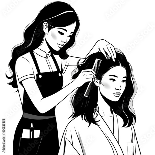 Female hairdresser combing client’s hair in salon illustration
