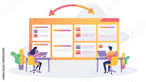 Two people working at desks in front of a large board with an arrow connecting them together