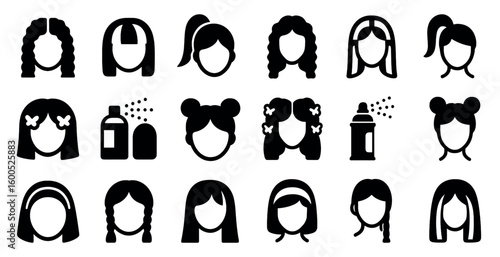 Hair salon silhouette icons set – hairstyle, beauty, and grooming symbols