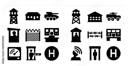 Military and security silhouette icons set – solid, filled, war and protection symbols