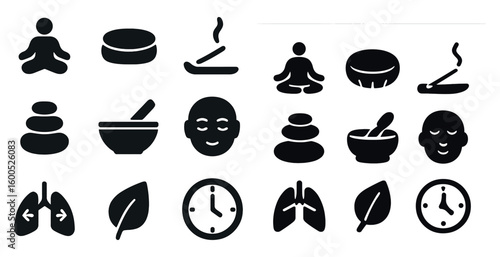 Wellness and relaxation solid icons set – silhouette, meditation, spa symbols