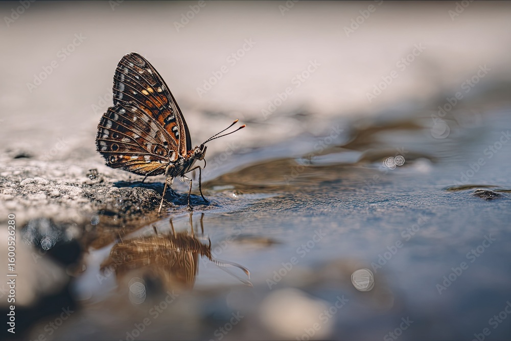 Obraz premium Butterfly sips from puddle, reflected