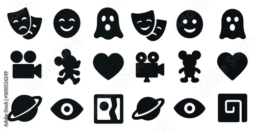 Entertainment and theater solid icons set – silhouette, filled, performance symbols